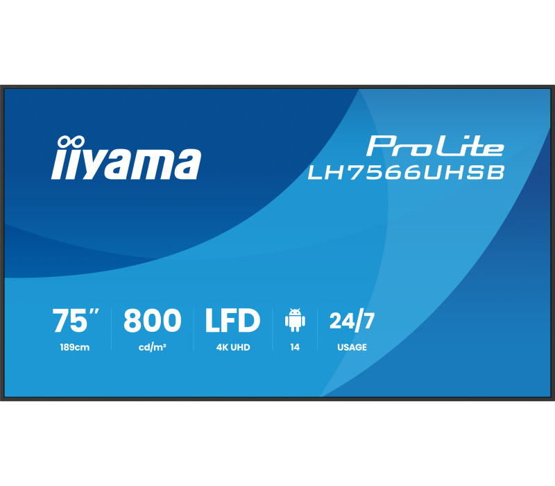 Digital Signage iiyama LH7566UHSB-B1AG 75" 4K UHD 800 cd/m² iiSignage², iiControl, iiShare, 24/7, WiFi, Android 14