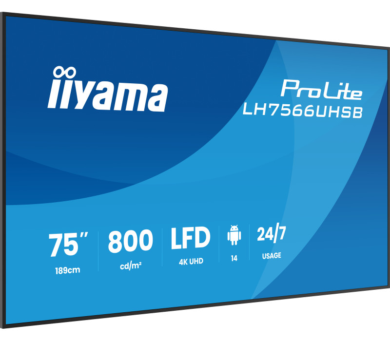 Digital Signage iiyama LH7566UHSB-B1AG 75" 4K UHD 800 cd/m² iiSignage², iiControl, iiShare, 24/7, WiFi, Android 14