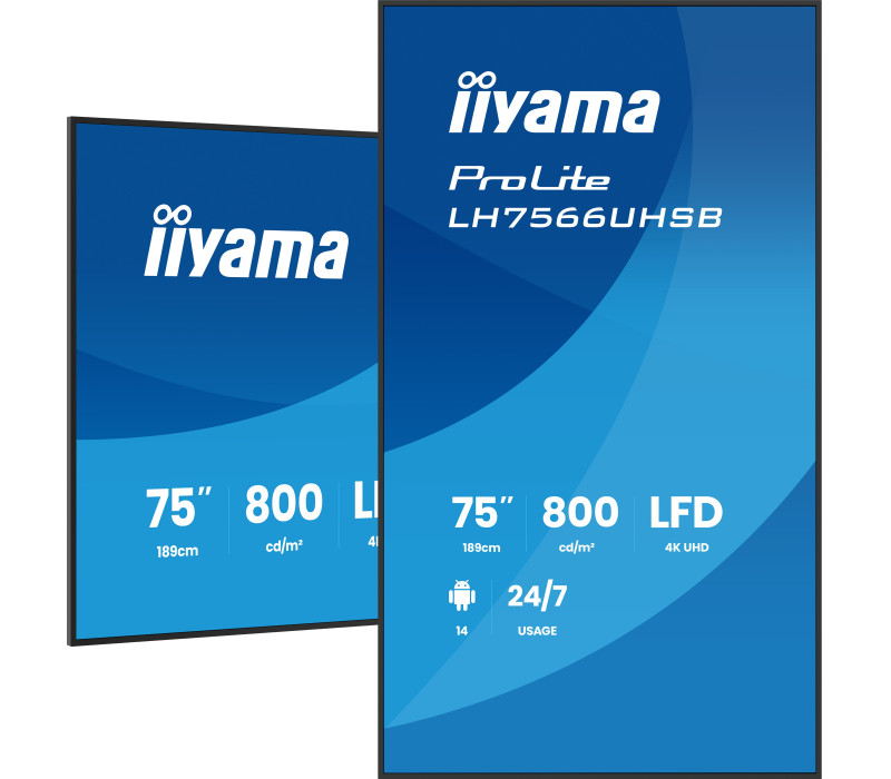 Digital Signage iiyama LH7566UHSB-B1AG 75" 4K UHD 800 cd/m² iiSignage², iiControl, iiShare, 24/7, WiFi, Android 14