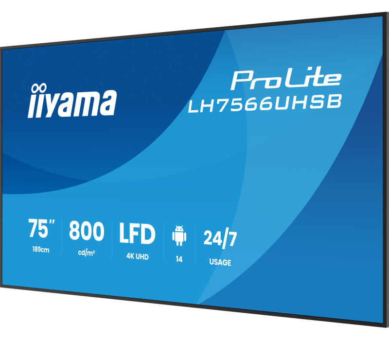 Digital Signage iiyama LH7566UHSB-B1AG 75" 4K UHD 800 cd/m² iiSignage², iiControl, iiShare, 24/7, WiFi, Android 14