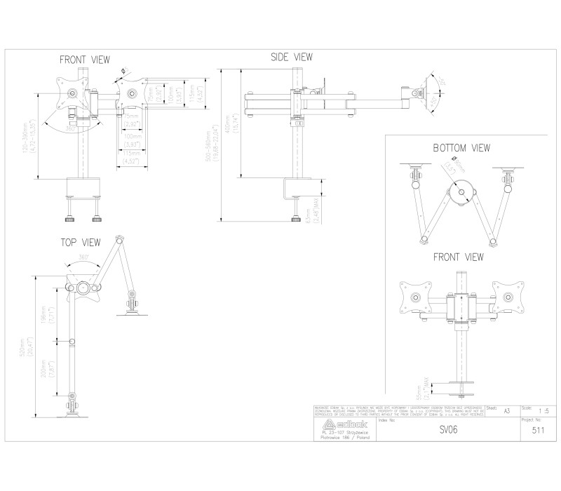 Edbak SV06c-B Suport de birou cu braț pentru două monitoare de 19-27".