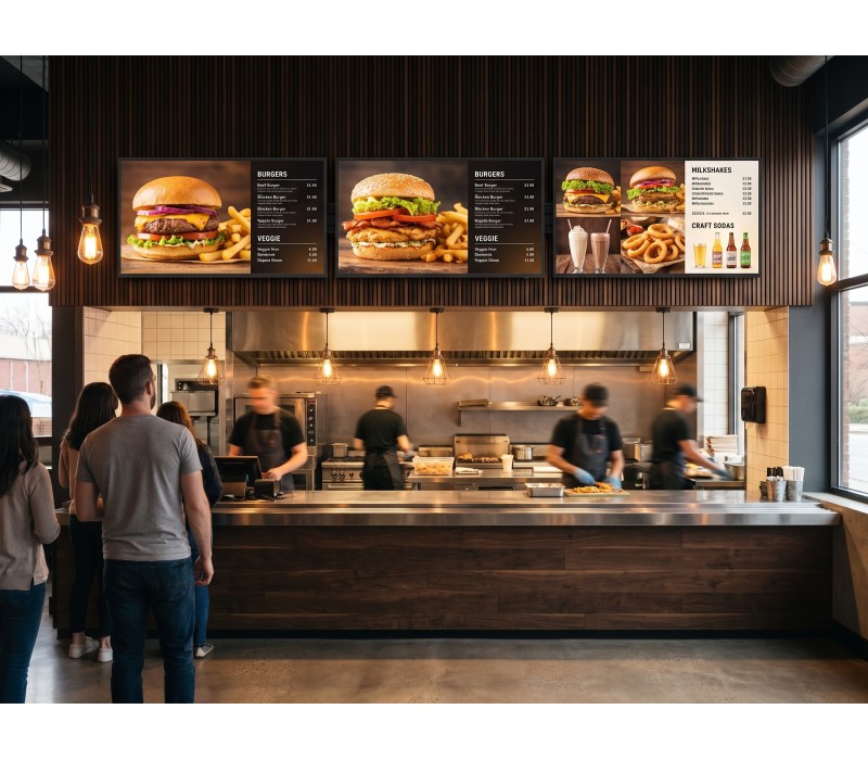 Set Menu Board 3×55" iiyama LH5566UHSB orizontal – suport de perete EDBAK – restaurant