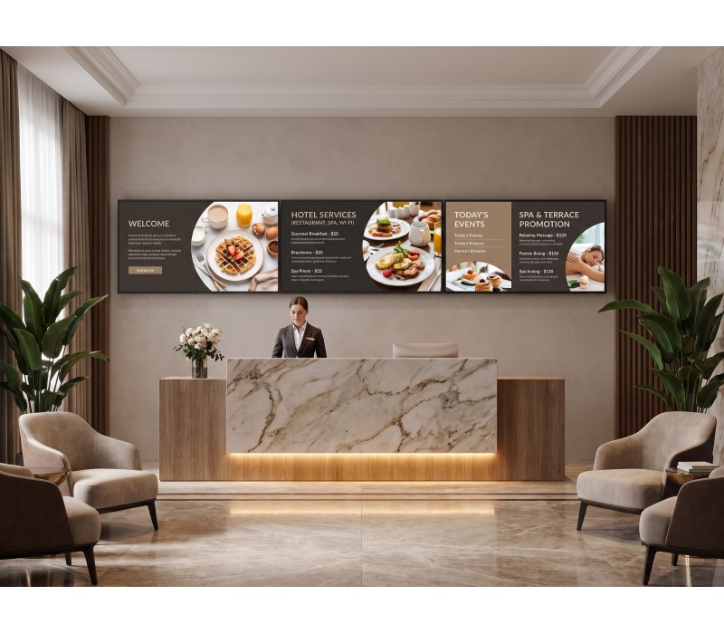 Set Menu Board 3×55" iiyama LH5566UHSB orizontal – suport de perete EDBAK – hotel