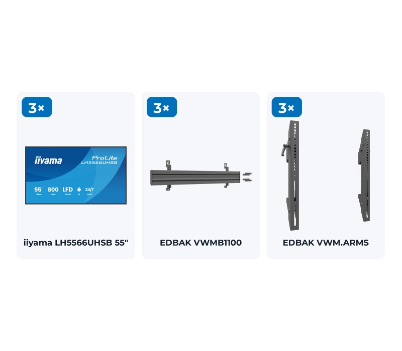 Set Menu Board 3×55" iiyama LH5566UHSB orizontal – suport de perete EDBAK – conținutul setului