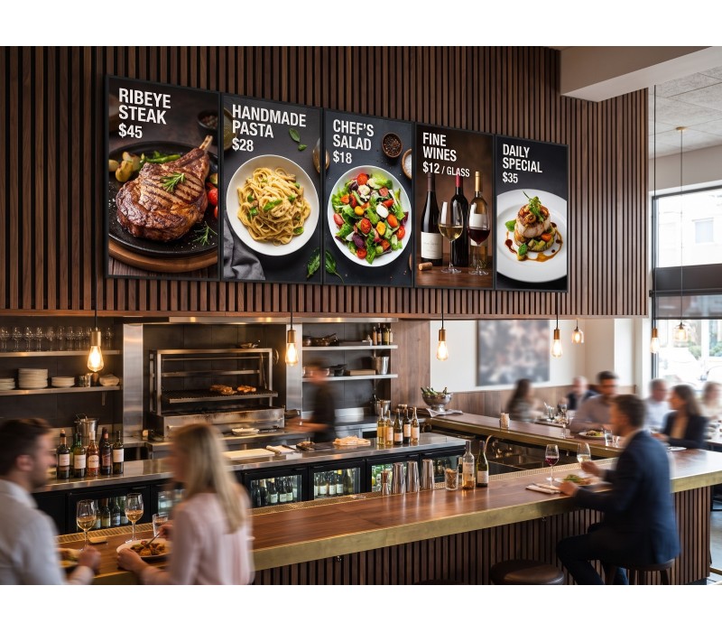 Set Menu Board 5×55" iiyama LH5566UHSB vertical – suport de perete EDBAK – restaurant