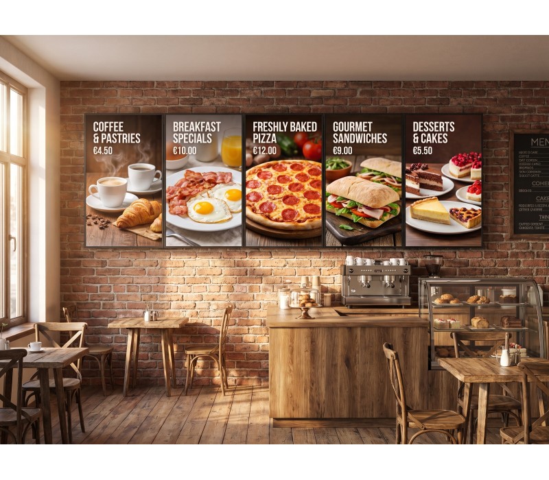 Set Menu Board 5×55" iiyama LH5566UHSB vertical – suport de perete EDBAK – restaurant mic