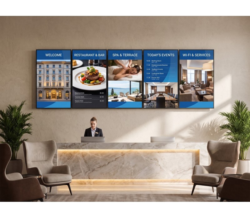 Set Menu Board 5×55" iiyama LH5566UHSB vertical – suport de perete EDBAK – hotel