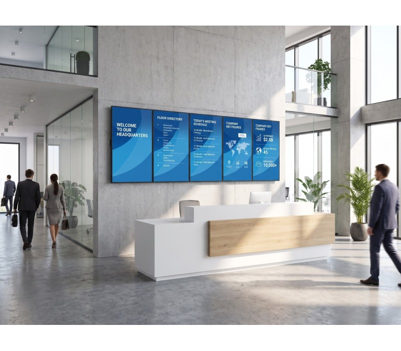 Set Menu Board 5×55" iiyama LH5566UHSB vertical – suport de perete EDBAK – holul unei firme