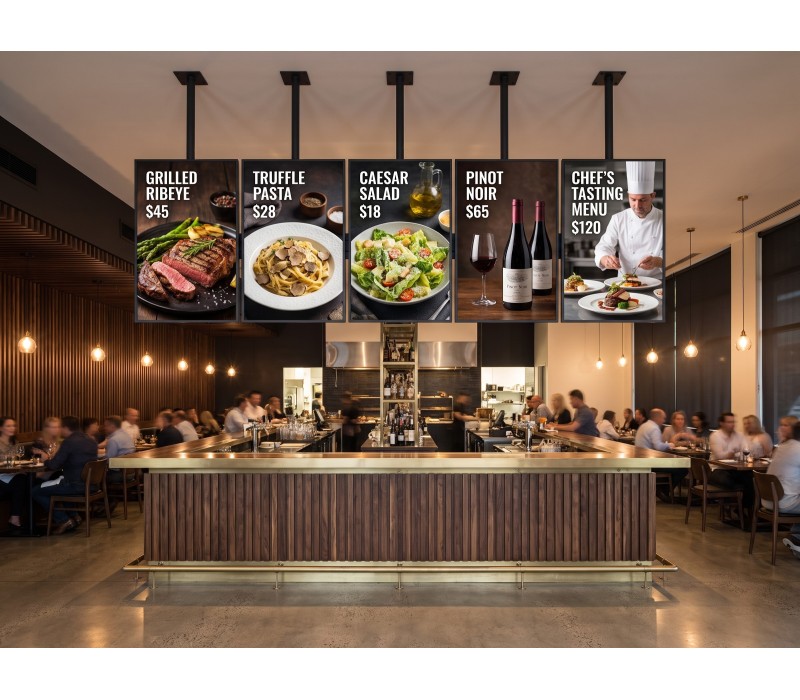 Set Menu Board 5×55" iiyama LH5566UHSB vertical – suport de tavan EDBAK – restaurant