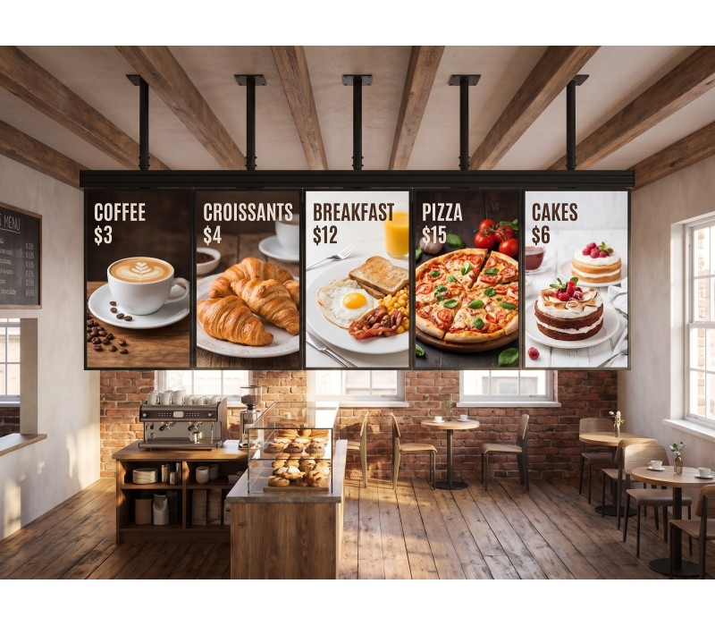 Set Menu Board 5×55" iiyama LH5566UHSB vertical – suport de tavan EDBAK – restaurant mic