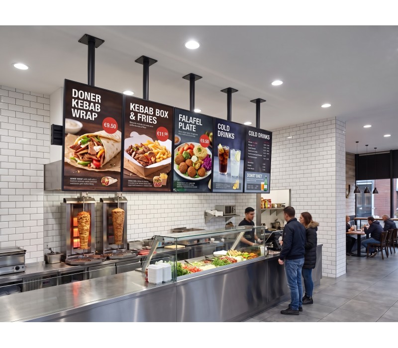 Set Menu Board 5×55" iiyama LH5566UHSB vertical – suport de tavan EDBAK – kebab