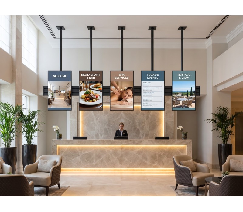 Set Menu Board 5×55" iiyama LH5566UHSB vertical – suport de tavan EDBAK – hotel