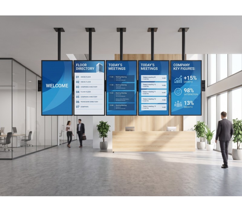 Set Menu Board 5×55" iiyama LH5566UHSB vertical – suport de tavan EDBAK – holul unei firme