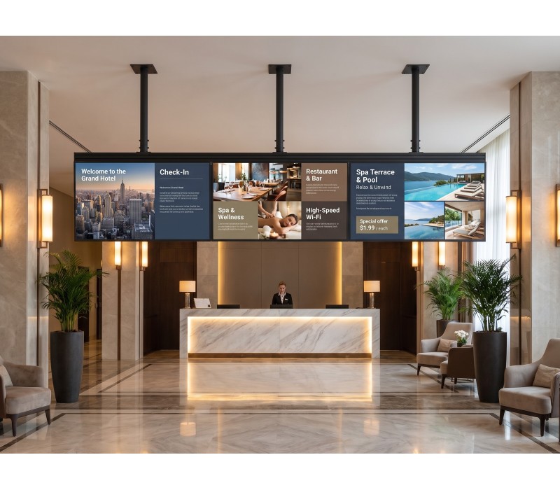 Set Menu Board 3×55" iiyama LH5566UHSB orizontal – suport de tavan EDBAK – hotel
