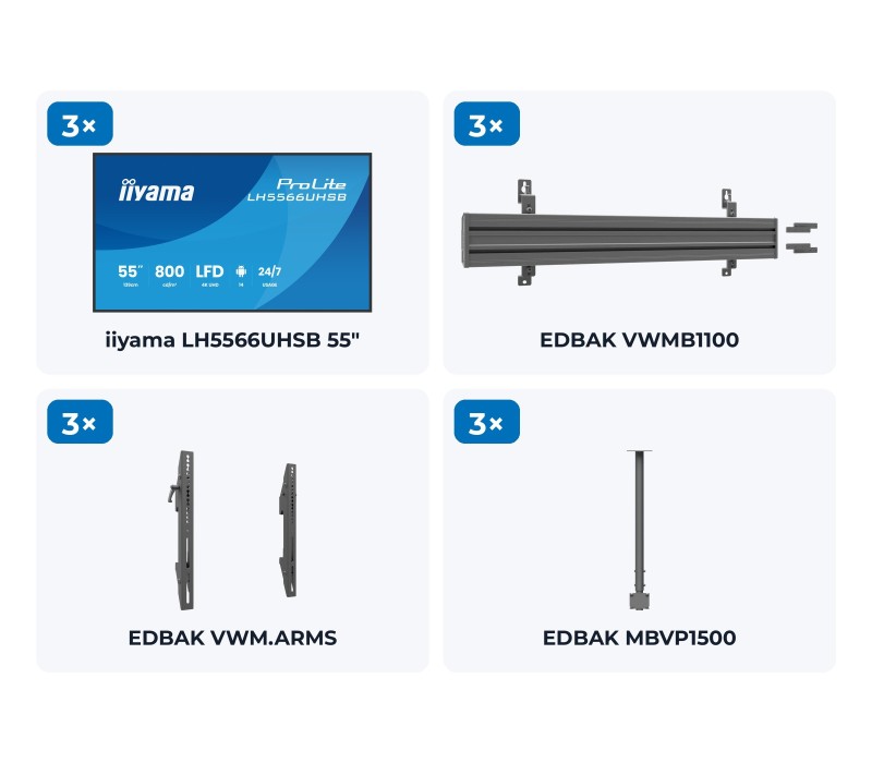 Set Menu Board 3×55" iiyama LH5566UHSB orizontal – suport de tavan EDBAK – conținutul setului